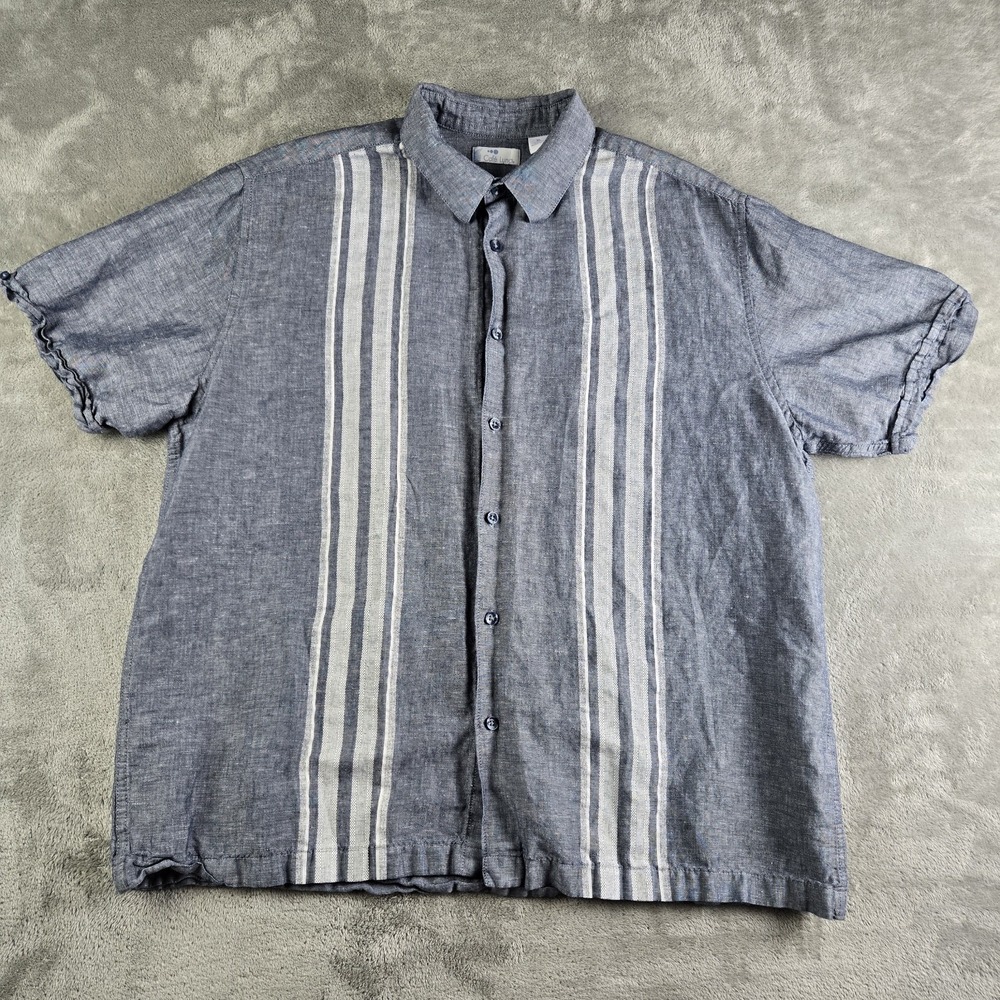 Cafe Luna Shirt Mens XL Blue White Striped Linen Blend‎ Short Sleeve Coastal